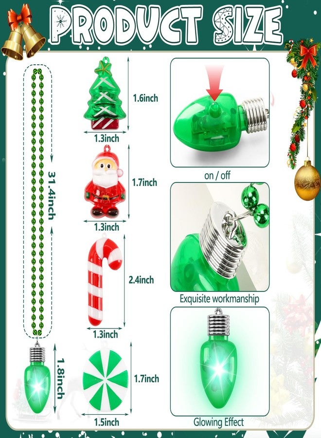 JULBEAR 10pcs Christmas LED Light Up Necklace, Christmas Bead Necklace Bulb Pendant 6 Modes Christmas Necklaces Candy Cane Xmas Tree Santa Claus Glow Necklaces Girls Boys for Xmas New Year Party - Image 2